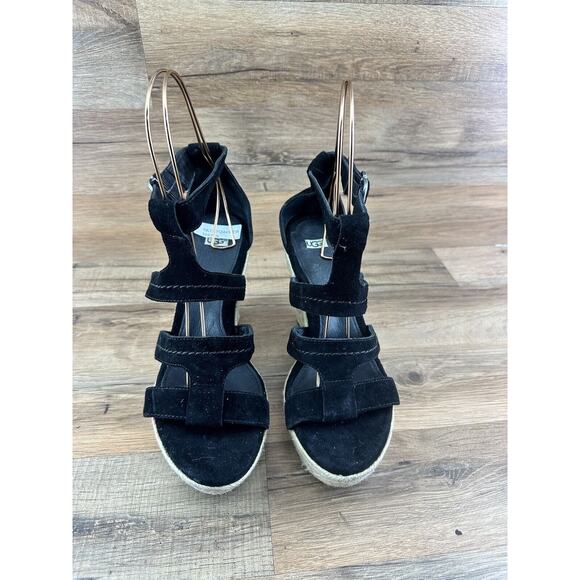 UGG LAURI BLACK SUEDE WEDGE PLATFORM SANDALS WOMENS SIZE 9.5 - Picture 6 of 9